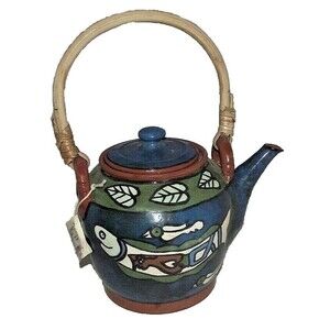 Nepal Redware Teapot Ceramic Free Trade Fish Bird Blue Green Rattan Handle Tea